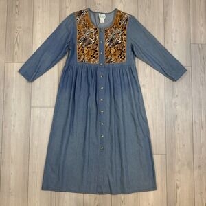 The Quacker Factory Long Sleeve Large Denim Tiger Rhinestone Button Dress